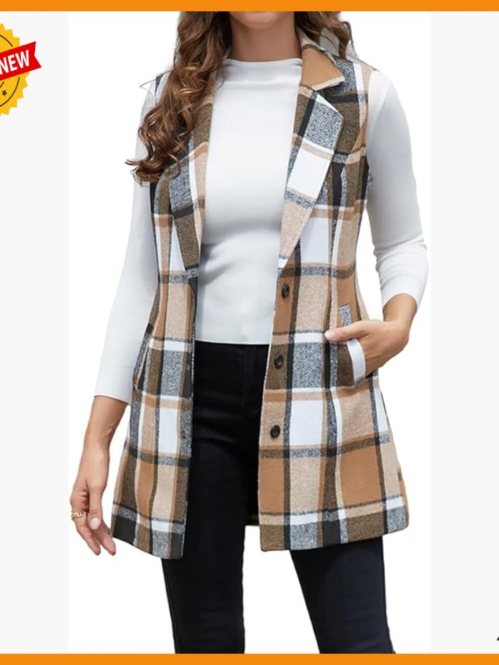 Sleeveless Wool Plaid Vest, Notch Lapel, Side Pockets, Fitted Trench Style